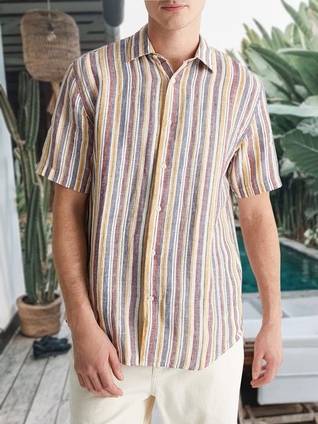 

Men's Cotton Linen Striped Short Sleeve Shirt, Brown, Shirts ＆ Blouse
