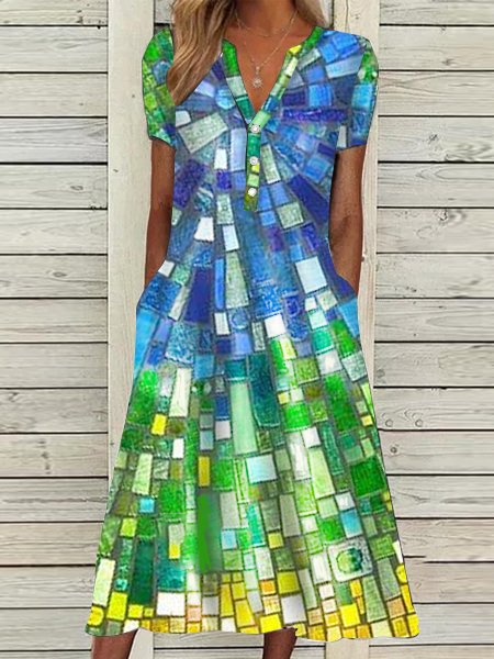 

Geometric Loosen Short Sleeve Knit Dress, Cyan, Midi Dresses