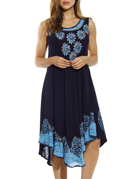 

Floral Vacation Loosen Sleeveless Woven Dress, Dark blue, Midi Dresses