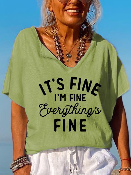 

funny I Am Fine Letter Short Sleeve Tops, Green, T-shirts