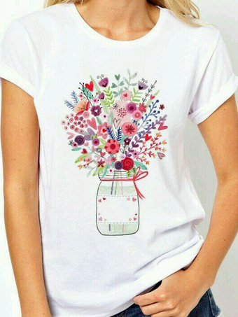 

Crew Neck Loosen Casual Short Sleeve Tops, White, Tees & T-shirts