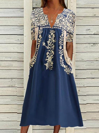 

Ethnic Tribal Short Sleeve Woven Dress, Purplish blue, Dresses