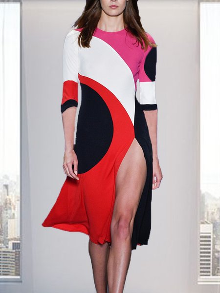 

Lady Regular Fit Color Block Long Sleeve Knit Dress, Multicolor, Midi Dresses