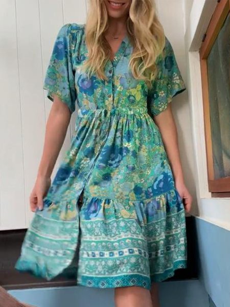 

Vacation Ruched Floral Short Sleeve Woven Dress, Blue, Dresses