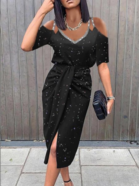 

Regular Fit Solid Statement Short Sleeve Knit Dress, Black, Midi Dresses
