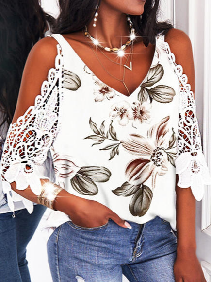 

Vacation Lace Loosen Floral V Neck Short Sleeve Tops, White, T-Shirts
