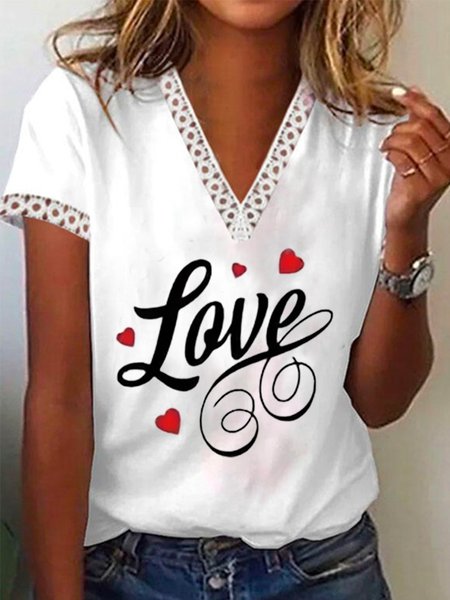 

V Neck Vacation Color Block Short Sleeve Tops, White, T-Shirts