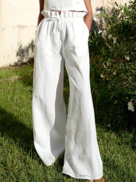 

Solid Casual Linen Pockets Straight Leg Pants, White, Wide Leg Pants