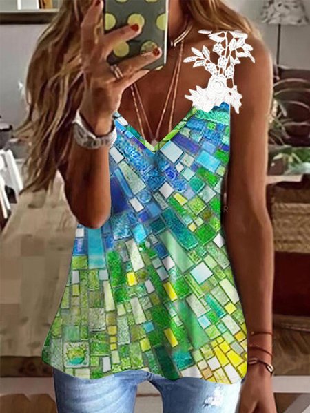

Loosen Casual Geometric Knit Tank, Cyan, Tank Top