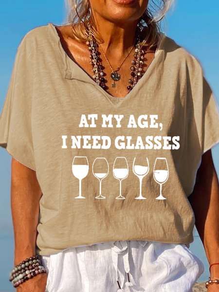 

At My Age I Need Glasses Funny Letter Casual Short Sleeve T-Shirt, Khaki, T-shirts