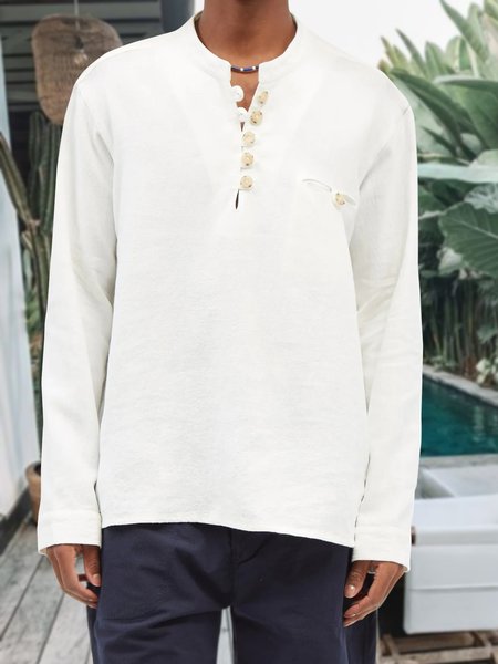 

Men's Cotton Linen Style Half Placket Stand Collar Long Sleeve Shirt, White, Shirts ＆ Blouse