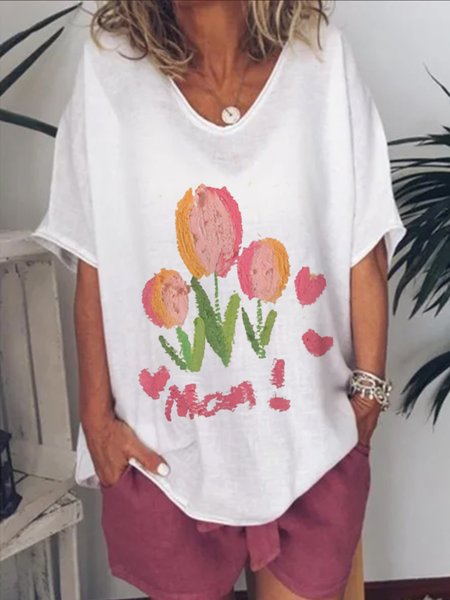 

V Neck Loosen Floral Short Sleeve T-Shirt, White, Tunics