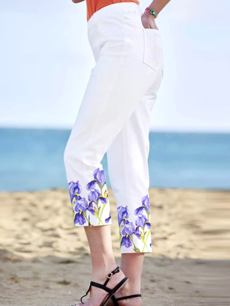 

Floral Print Stretch Beach Casual Straight Leg Pants Floral Pants, White, Pants