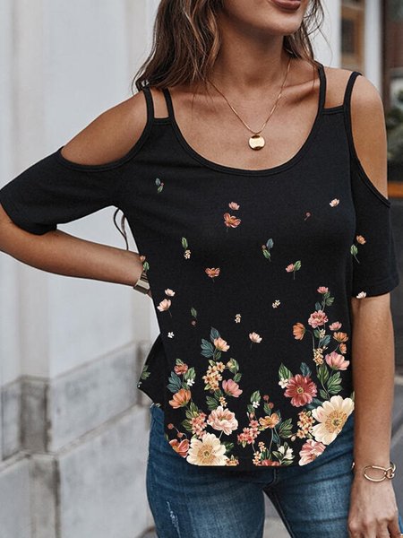 

Mother's Day Themed Floral Print Spring New Hot Women's Knit Tops, Black, T-Shirts