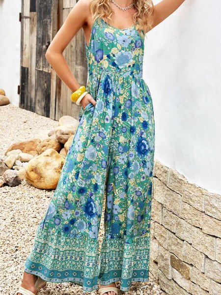 

Vacation Floral Tribal Geometric Loosen Pockets Spaghetti Jumpsuit & Romper, Flower, Jumpsuits