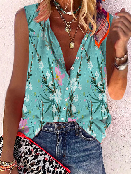 

Plus size Floral V Neck Sleeveless Blouse, As picture, Blouses & Shirts