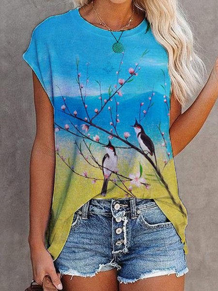 

Ombre Floral Bird Landscape Print Animal Printed Casual Loosen Short Sleeve T-Shirt, Flower, T-Shirts