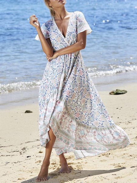 

V Neck Cross Vacation Short Sleeve Woven Dress, Multicolor, Midi Dresses