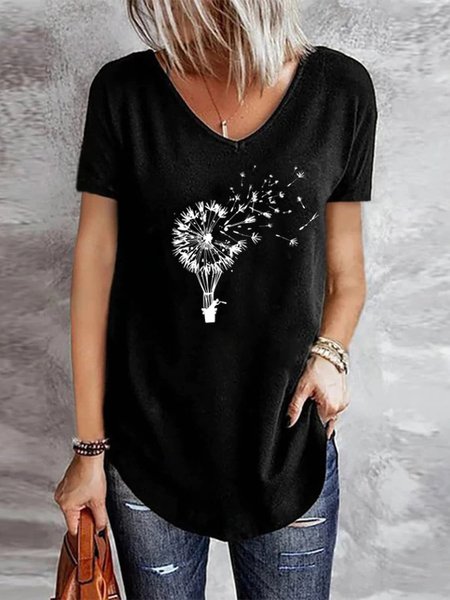 

JFN V Neck Dandelion Casual T-Shirt/Tee, Black, T-Shirts