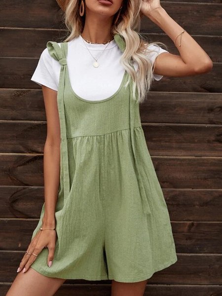 

Beach daily vacation plain color patterned wash cotton one-piece pants and shorts Plus Size, Aqua, Jumpsuits＆Rompers