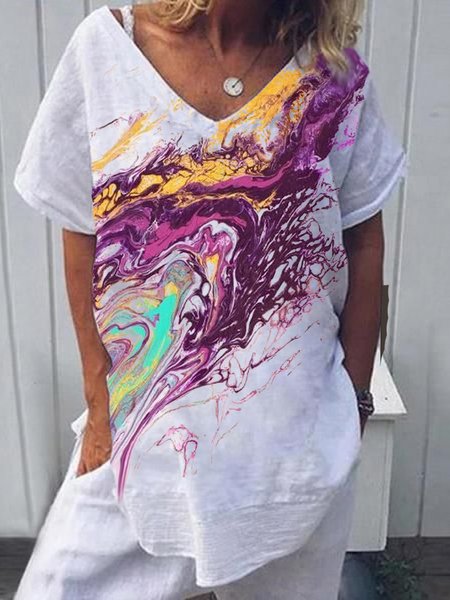 

Casual Ombre V Neck Loosen Short Sleeve Tops, White, T-Shirts