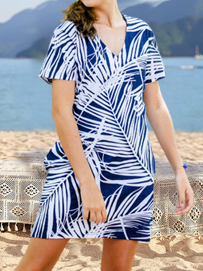 

Island View Contrast Leaf Print Beach Resort Dress V Neck Vacation Short Sleeve Woven Dress, Blue, Mini Dresses