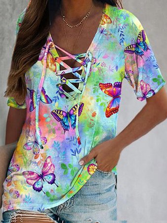 

Butterfly Vacation Loosen Short Sleeve Tops, Multicolor, T-Shirts