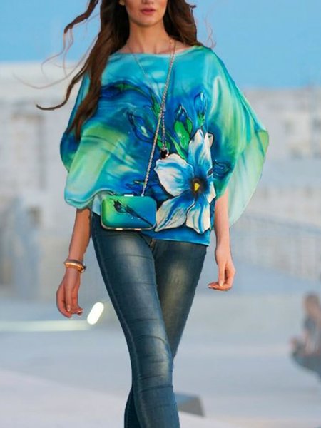 

Floral Crew Neck Short Sleeve Top, Green, Tops
