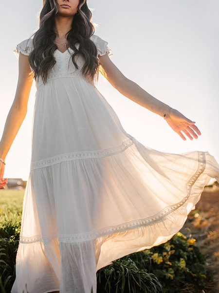

Vacation boho V Neck plain Short Sleeve maxi dress long Woven Dress, White, Dresses
