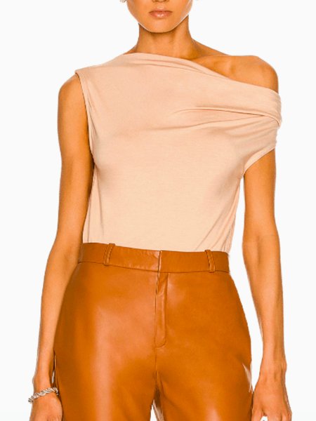 

Summer Lightweight High Stretch Asymmetrical Neck Short Sleeve Tops, Apricot, Tunics