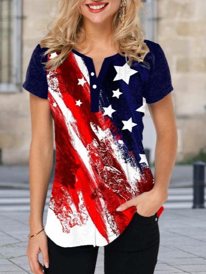 

Star Shirt Collar Casual Short Sleeve Tops, Multicolor, T-Shirts
