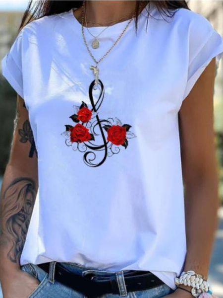 

Casual Loose Rose Print Short Sleeve T-shirt, White, Tees & T-shirts