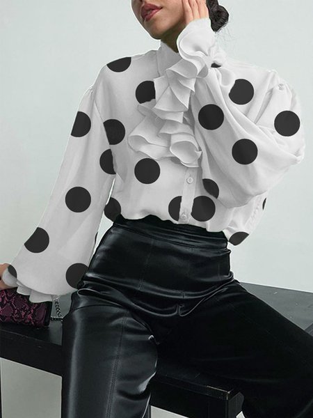

Elegant Polka Dots Loosen Long Sleeve Blouse, White, Blouses and Shirts