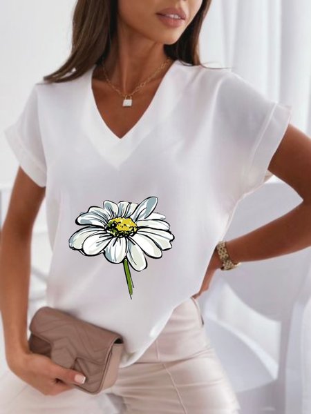 

Casual Short Sleeve V Neck Plus Size Printed Tops, White, Tops