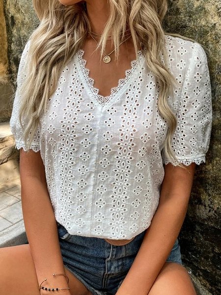 

Cotton embroidered lace blouse T-shirt Plus Size, White, Shirts & Blouses