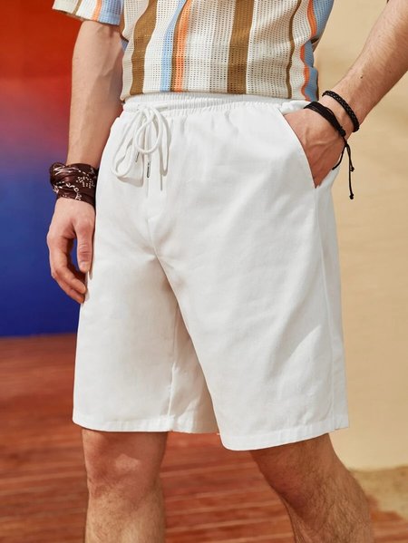 

Cotton Linen Style American Casual Basic Versatile Linen Shorts, White, Shorts