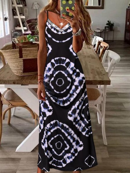 

Vacation Geometric Tie Dye Loosen Spaghetti Maxi Sleeveless Knitting Dresses, Black, Maxi Dresses