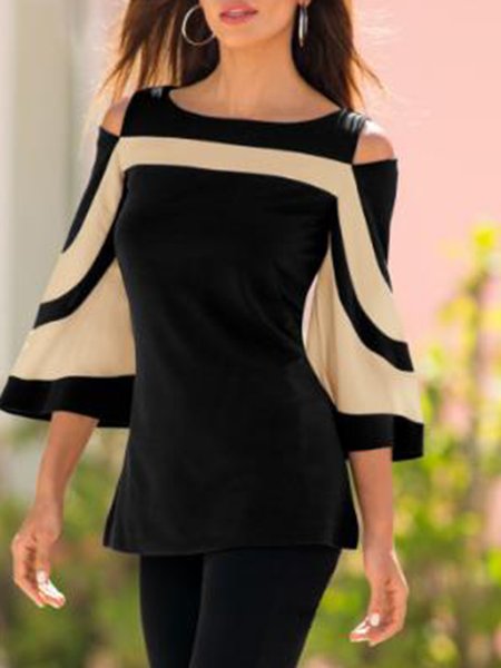 

Geometric Round Neck Long Sleeve Shirt, Black, Tops