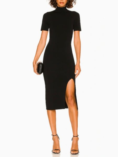 

Summer Lightweight Simple Plain High Neck Short Sleeve Knit Dress, Black, Midi Dresses