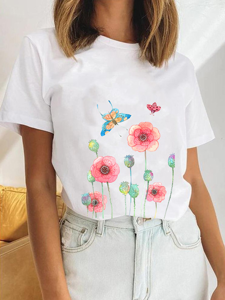

Floral Crew Neck Casual Short Sleeve Tops, White, Tees & T-shirts