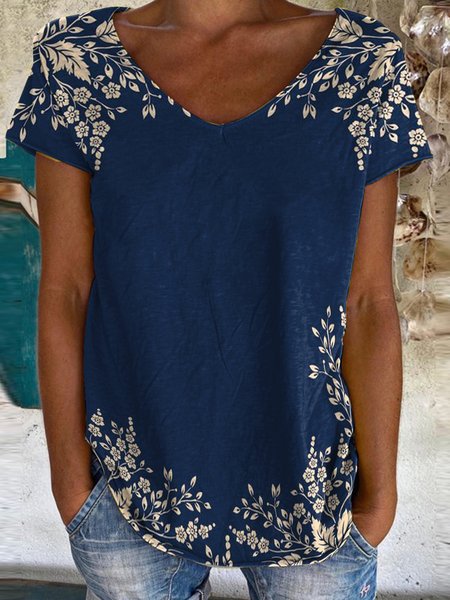 

Vacation Loosen V Neck Floral Short Sleeve T-Shirt, Navy blue, T-Shirts