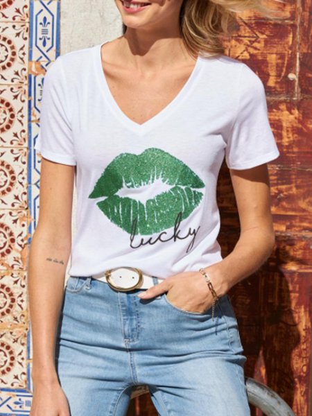 

Crew Neck Casual Short Sleeve Printed T-Shirt, White, Tees