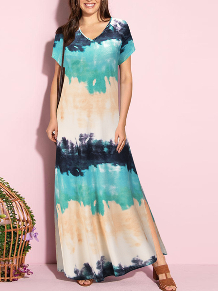 

V Neck Vacation ombre tie dye Loosen Short Sleeve maxi Knit Dress, Blue, Dresses
