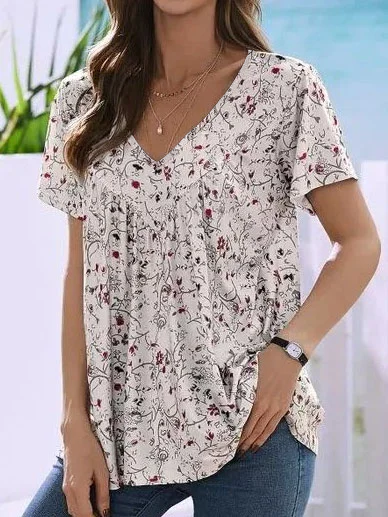 

Floral Regular Fit Cotton Blends V Neck Short Sleeve Casual T-Shirt, Flower, Tunics