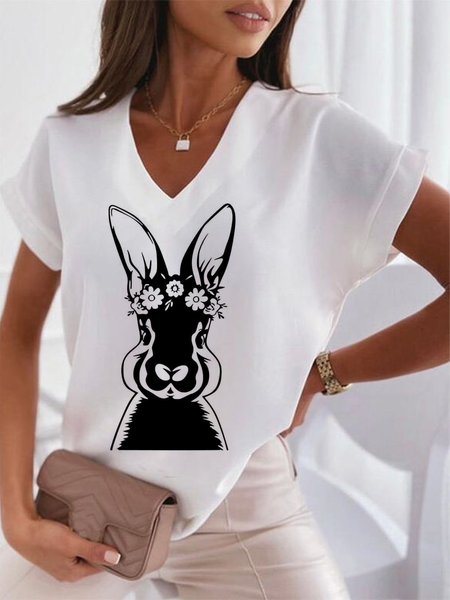 

Loosen Casual V Neck Animal Short Sleeve Tops, White, T-Shirts