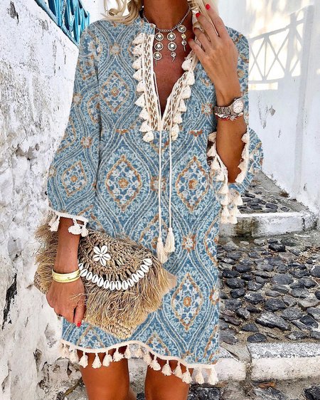 

Tribal V Neck 3/4 Sleeve Woven Dress, As picture, Mini Dresses