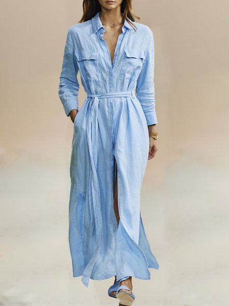

Casual Shirt Collar Long Sleeve Woven Dress, Blue, Maxi Dresses