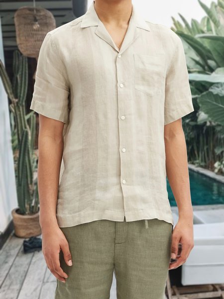 

Men's Cotton Linen Striped Short Sleeve Shirt, Apricot, Shirts ＆ Blouse
