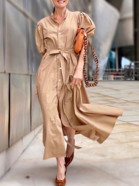 

Elegant Stand Collar Solid Half Sleeve Dress, Light khaki, Maxi Dresses