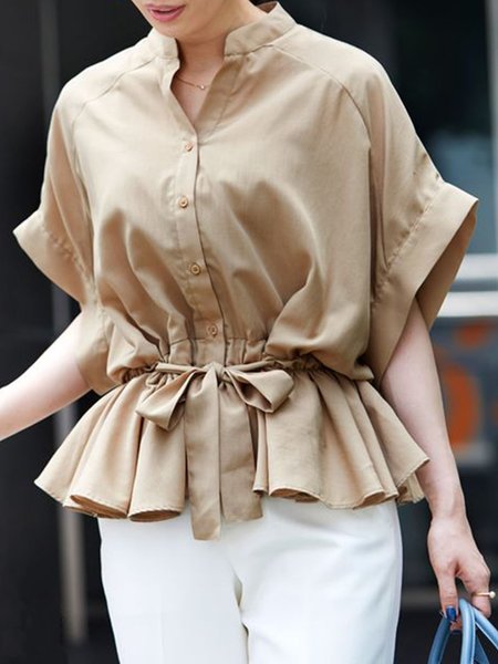 

Stand Collar Casual Short Sleeve Blouse, Khaki, Blouses and Shirts